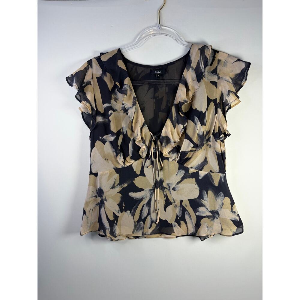 Rails Black and Beige Floral Ruffle Tie-Front Blouse